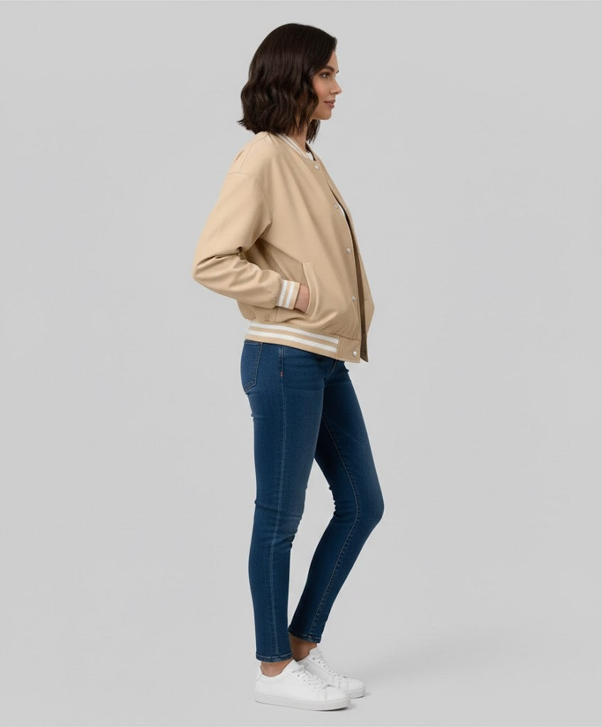 Beige Leather Women’s Varsity Jacket