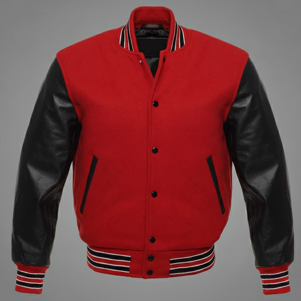 Red & Black Leather Varsity Jacket for Women