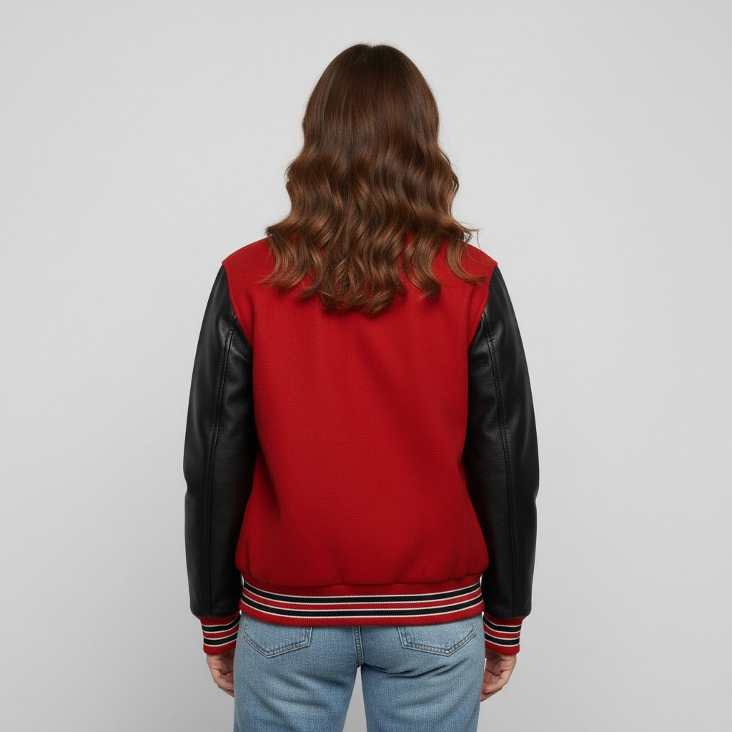 Red & Black Leather Varsity Jacket for Women