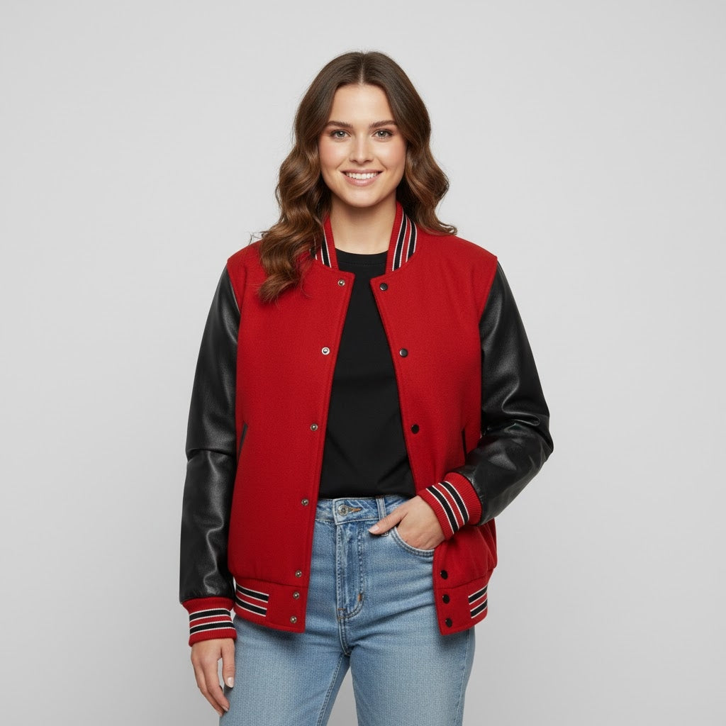 Red & Black Leather Varsity Jacket for Women