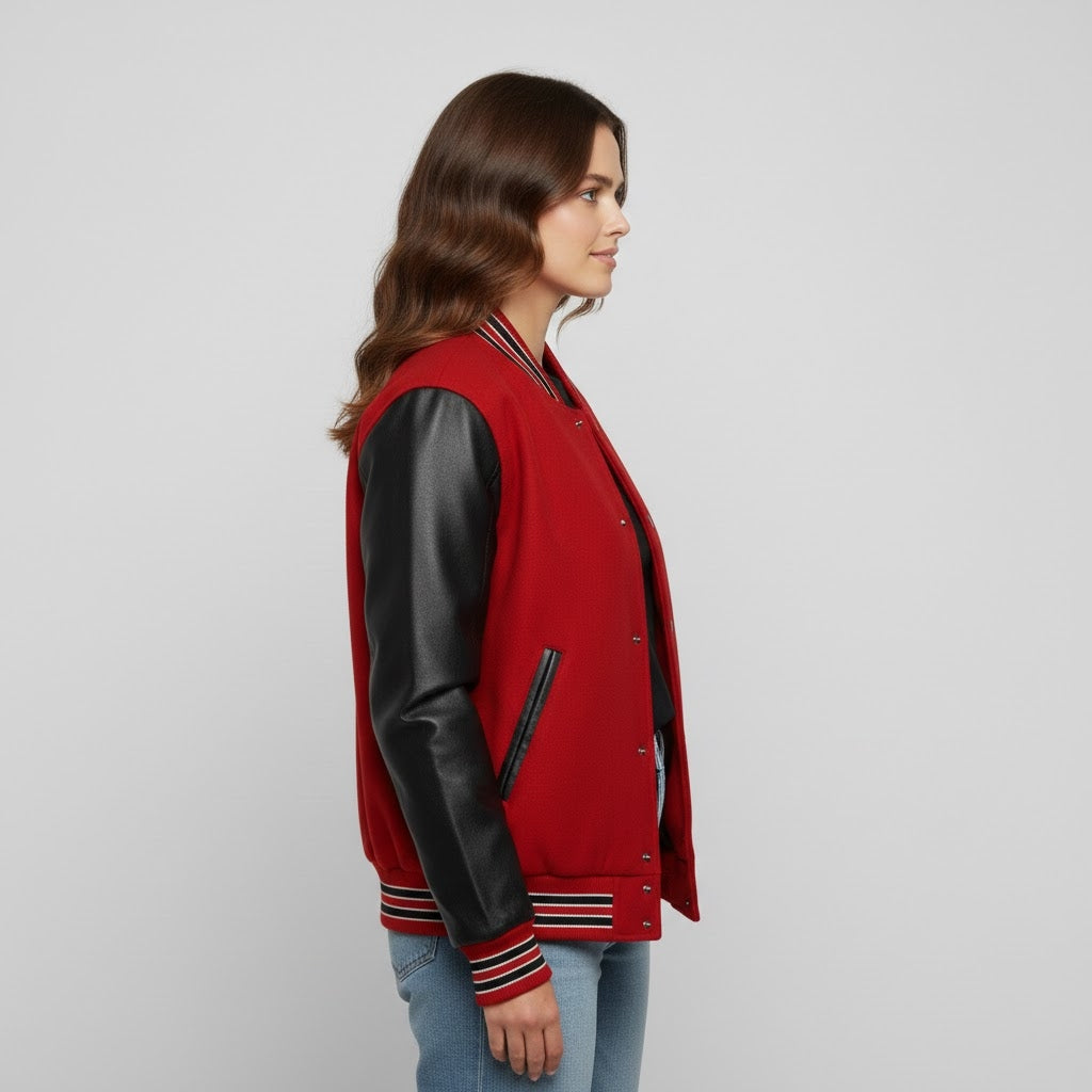 Red & Black Leather Varsity Jacket for Women