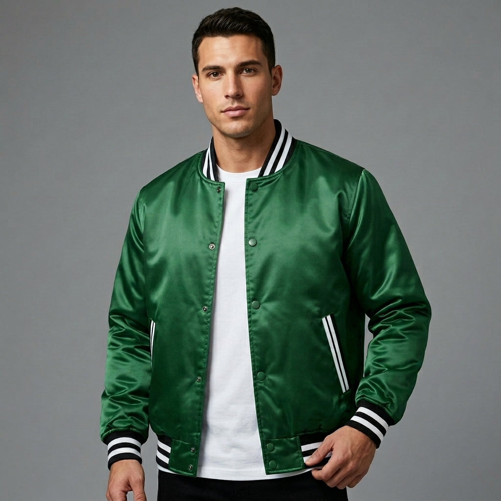 Men’s Green Satin Varsity Jacket – Classic Letterman Bomber