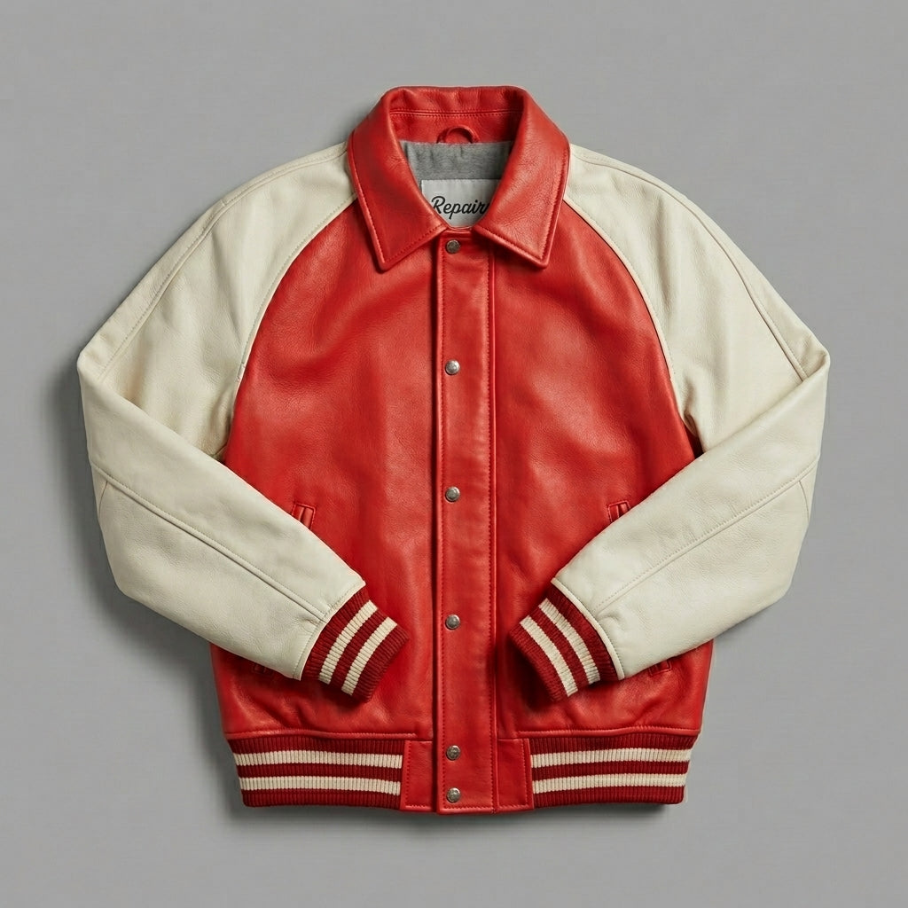 Men’s Luxury Lambskin Leather Varsity Jacket – Red & Cream College Letterman