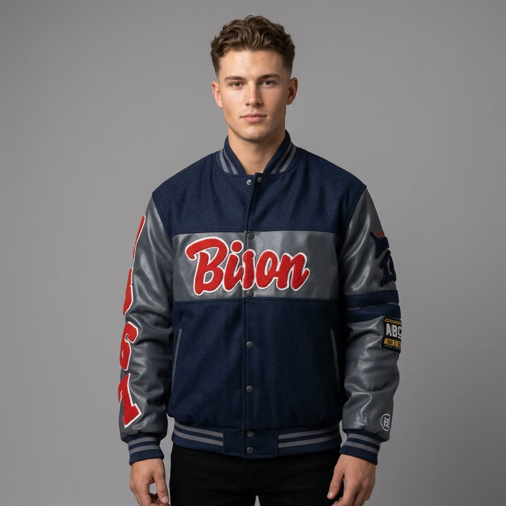 Retro Patchwork Varsity Jacket – Navy Grey Red Letterman