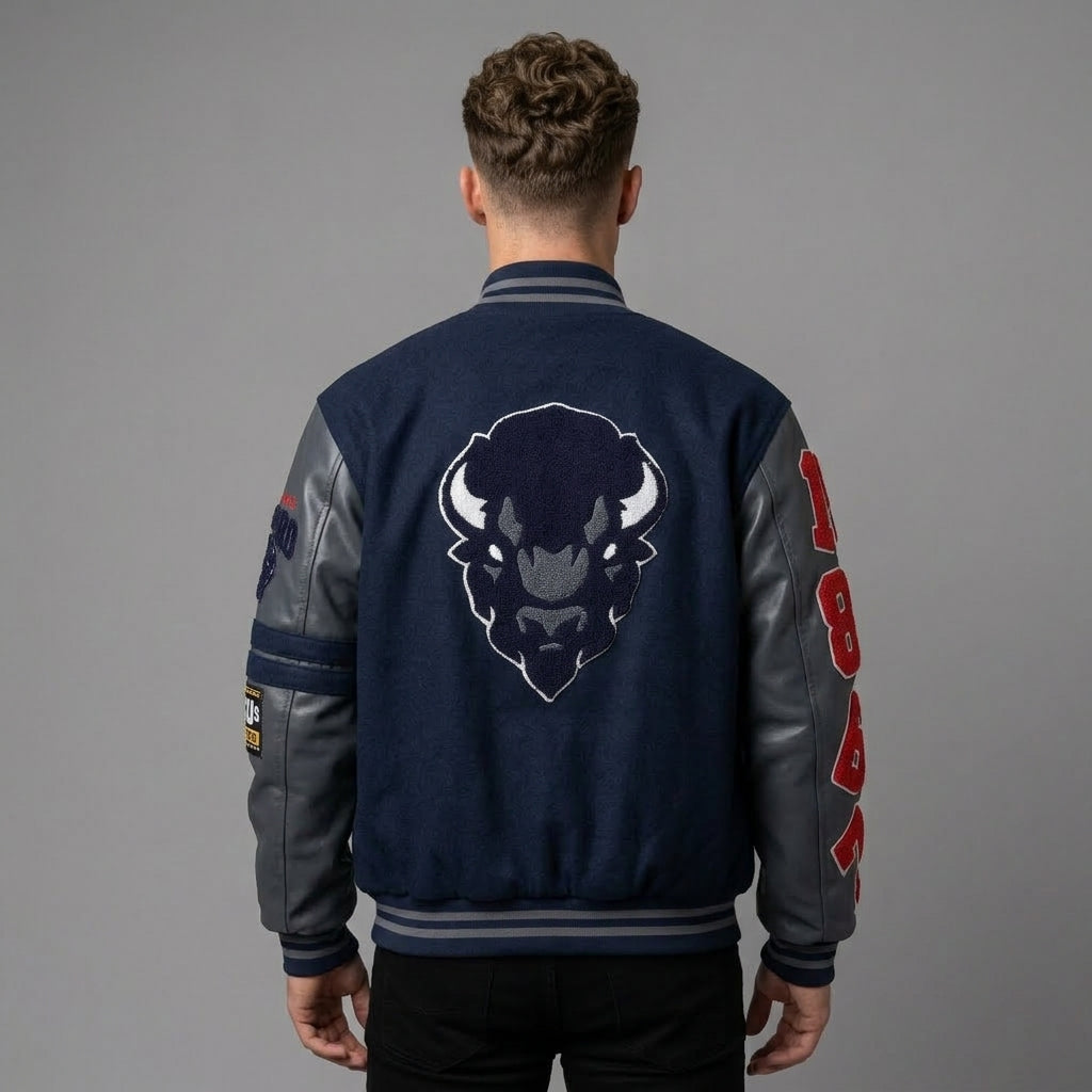 Retro Patchwork Varsity Jacket – Navy Grey Red Letterman
