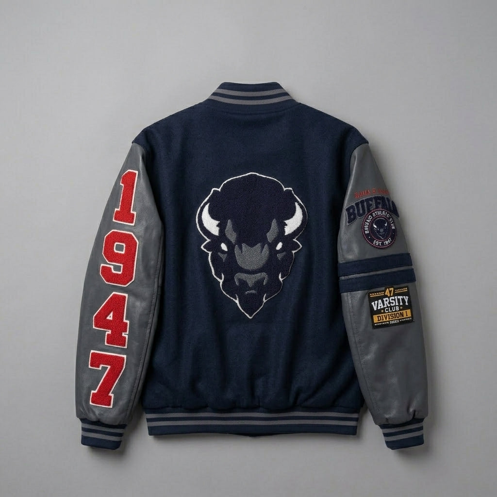 Retro Patchwork Varsity Jacket – Navy Grey Red Letterman