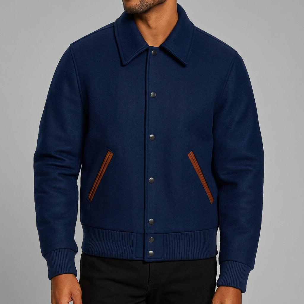 Royal Blue Varsity Jacket – Navy Wool Blend with Embroidery
