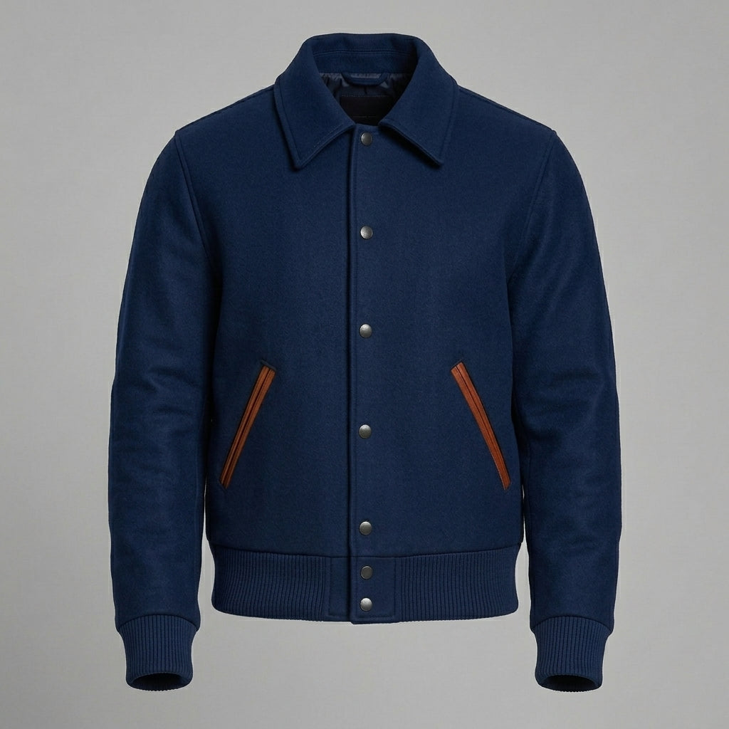 Men’s Navy Wool Blend Varsity Jacket – Embroidered Letterman