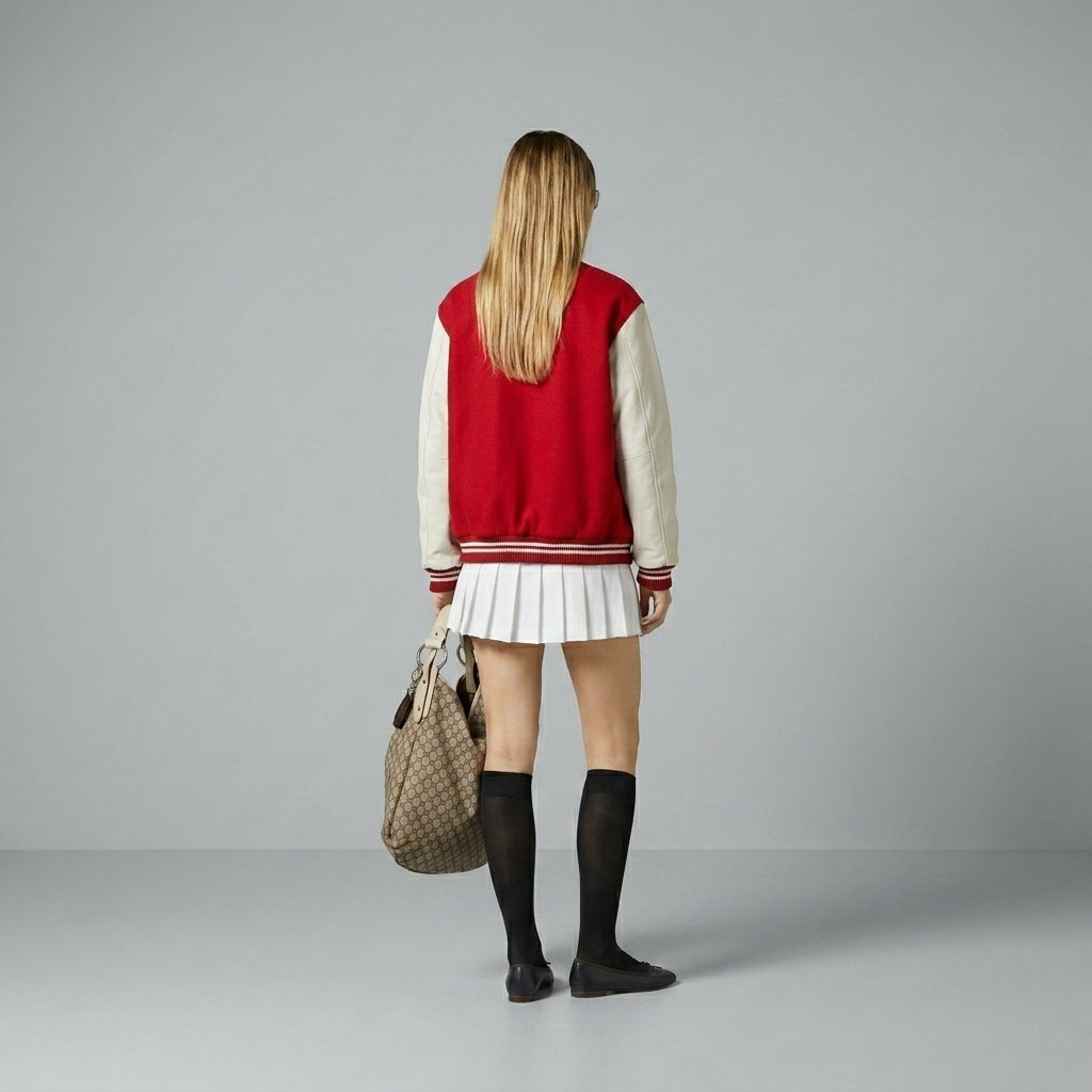 Scarlet Edge Red & White Women’s Varsity Letterman Jacket