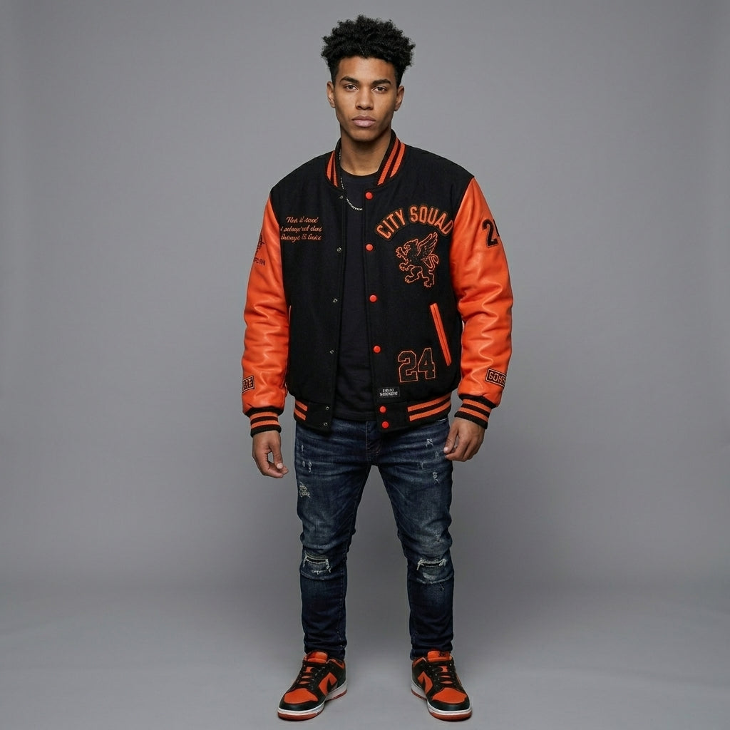 Men’s Red & Black Varsity Jacket – Patchwork Streetwear