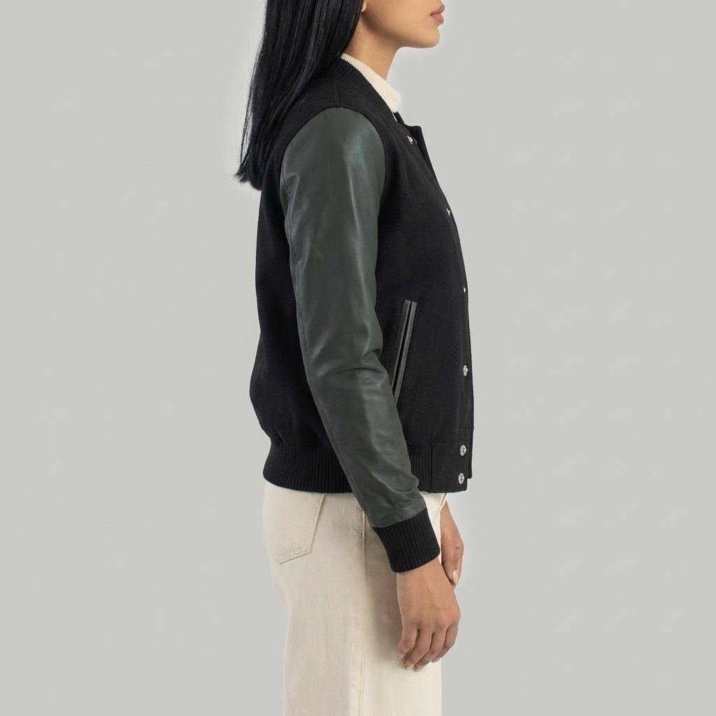 Black & Sea Green Women’s Leather Varsity Jacket