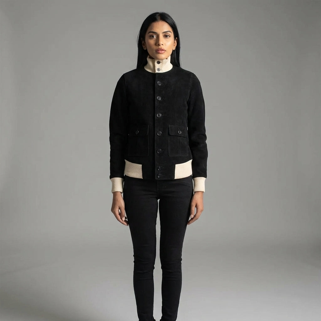 Sleek Black Leather Varsity Jacket for Women
