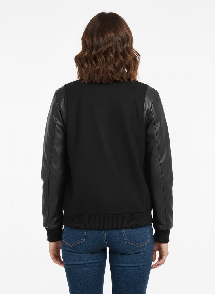Sleek Black Leather Women's Varsity Jacket
