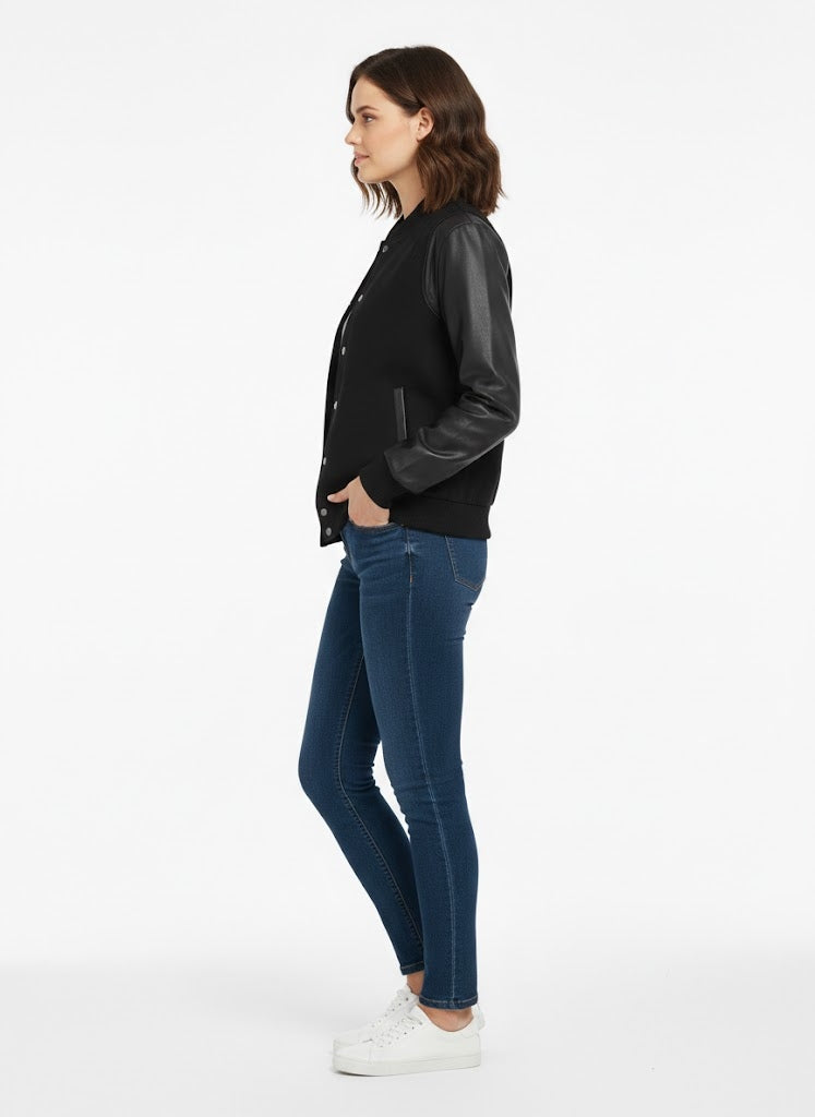 Sleek Black Leather Women's Varsity Jacket