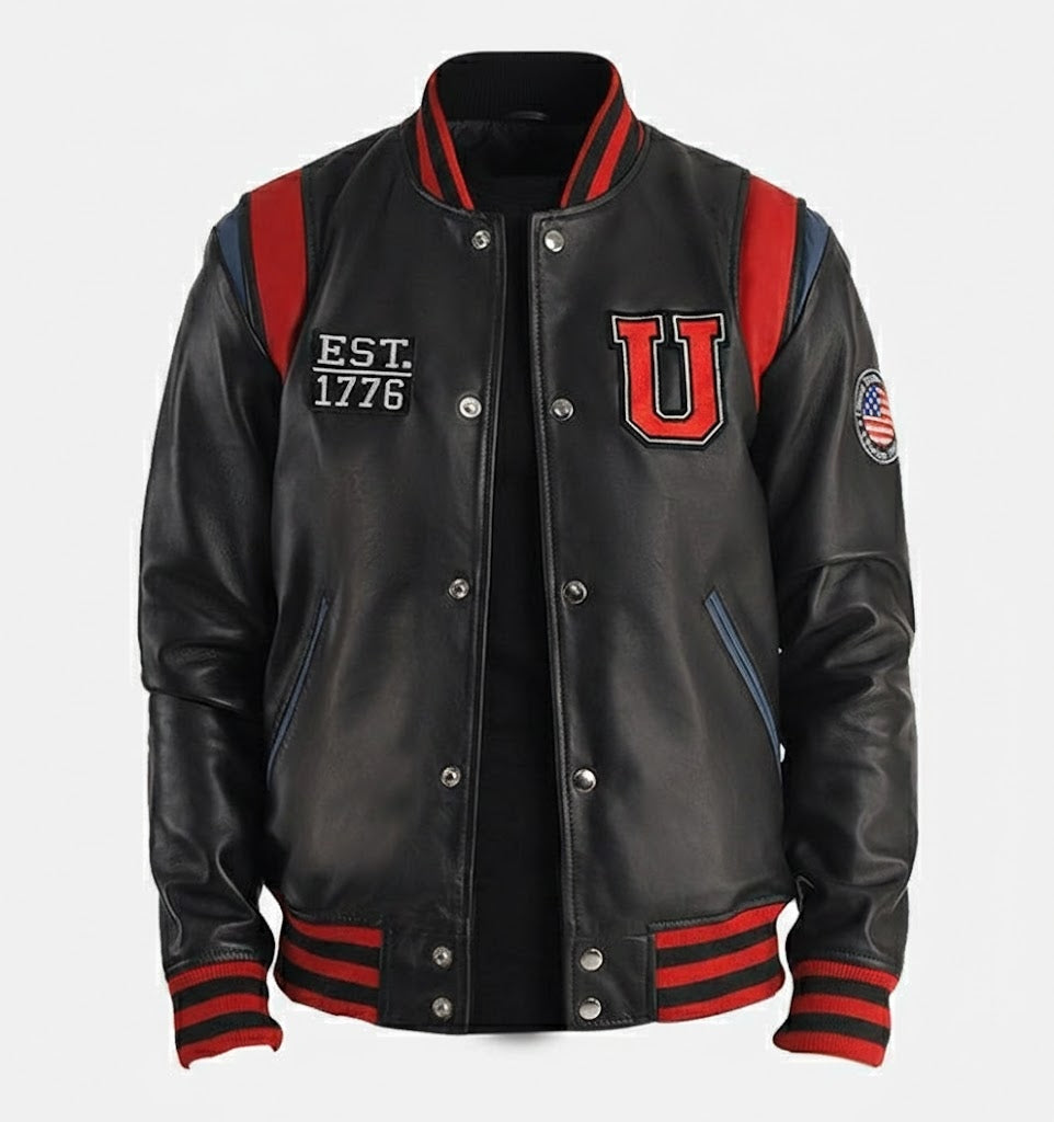 Stylish Black Leather Men’s Varsity Jacket