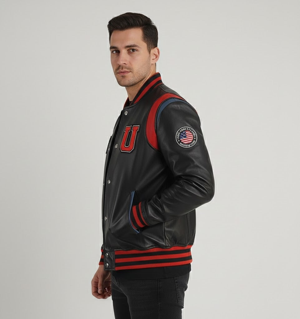 Stylish Black Leather Men’s Varsity Jacket