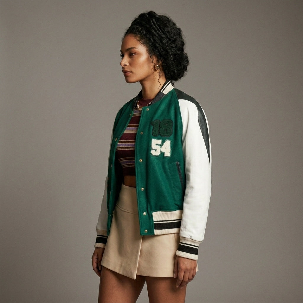 Tricolor Elegance Women’s Varsity Jacket