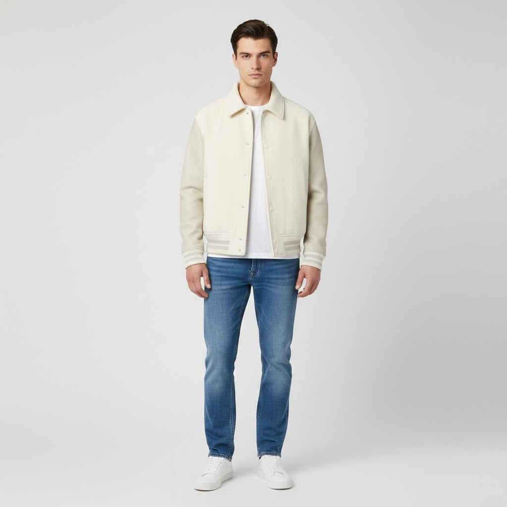 White Cream Leather Men’s Varsity Jacket