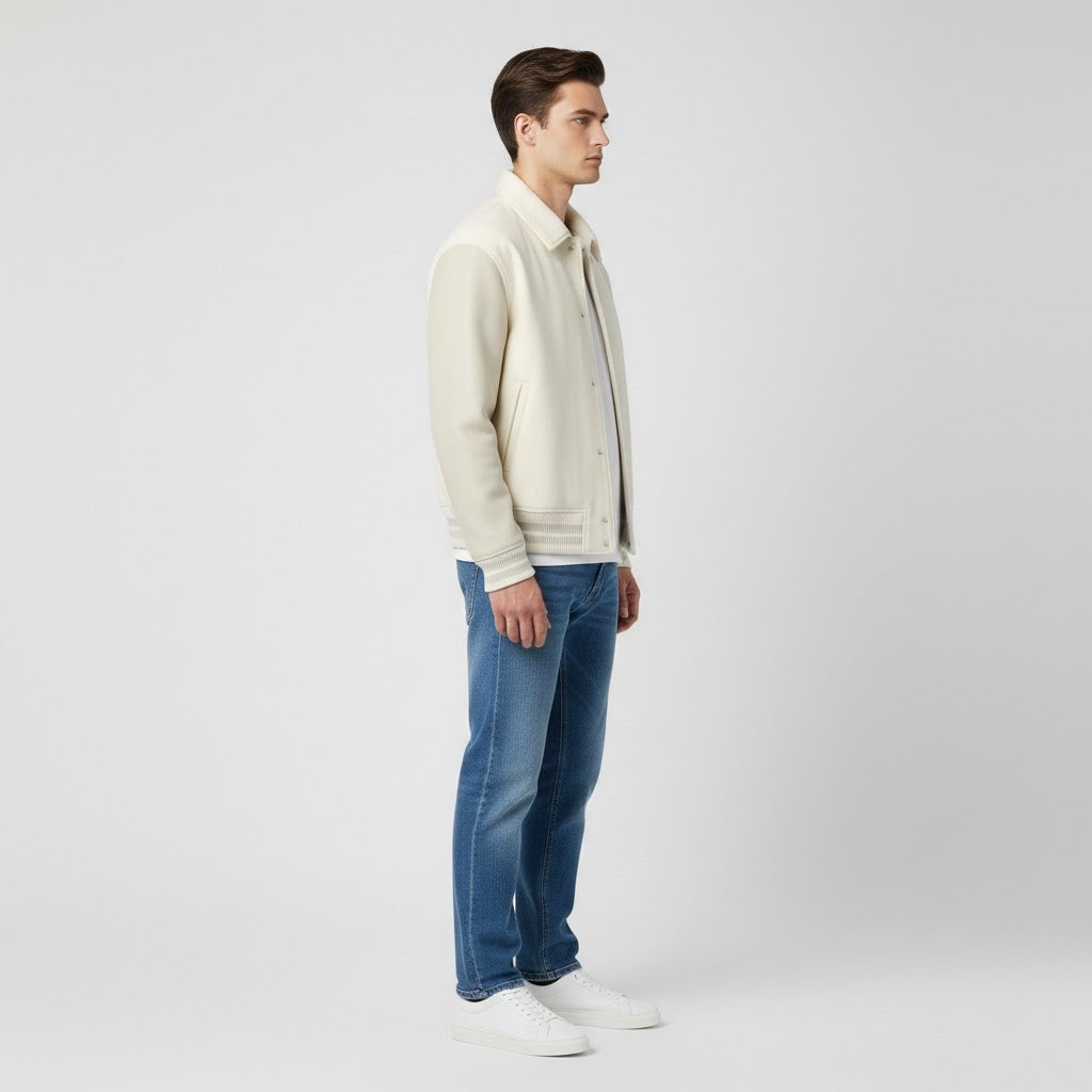 White Cream Leather Men’s Varsity Jacket