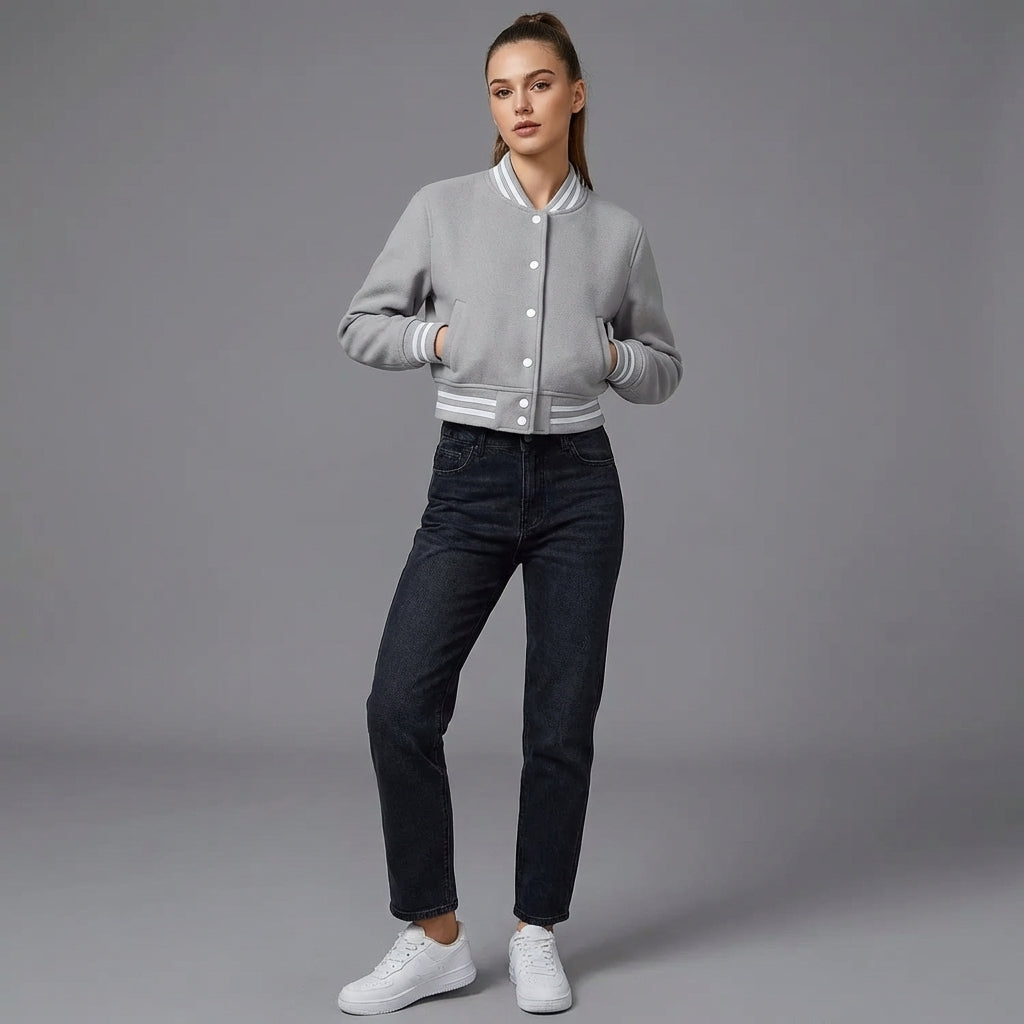 Women’s Grey Cropped Varsity Jacket