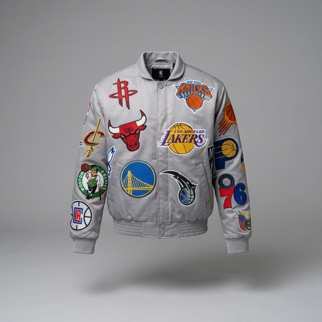 Leather Varsity Jacket – Embroidered Logo Bomber Coat