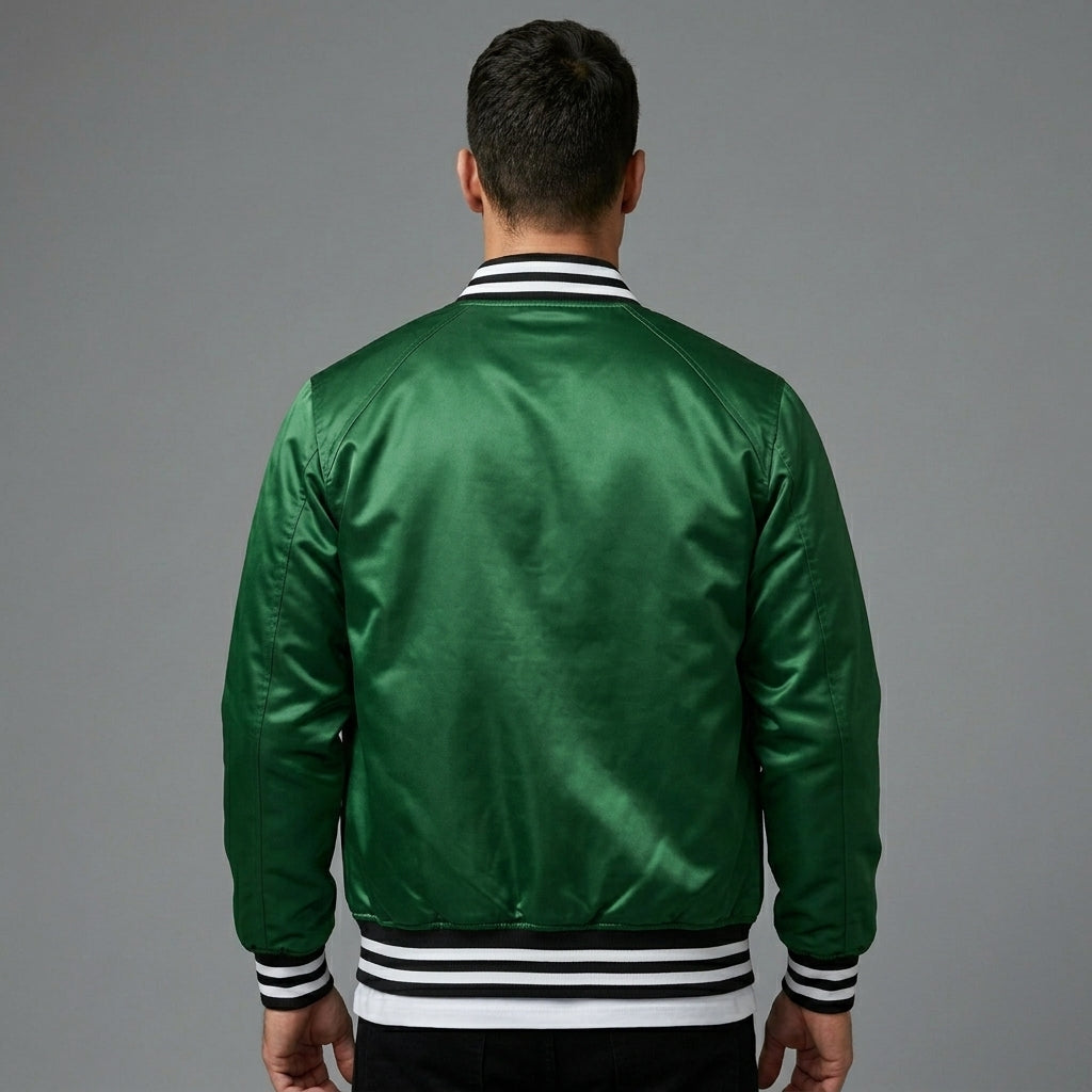 Men’s Green Satin Varsity Jacket – Classic Letterman Bomber