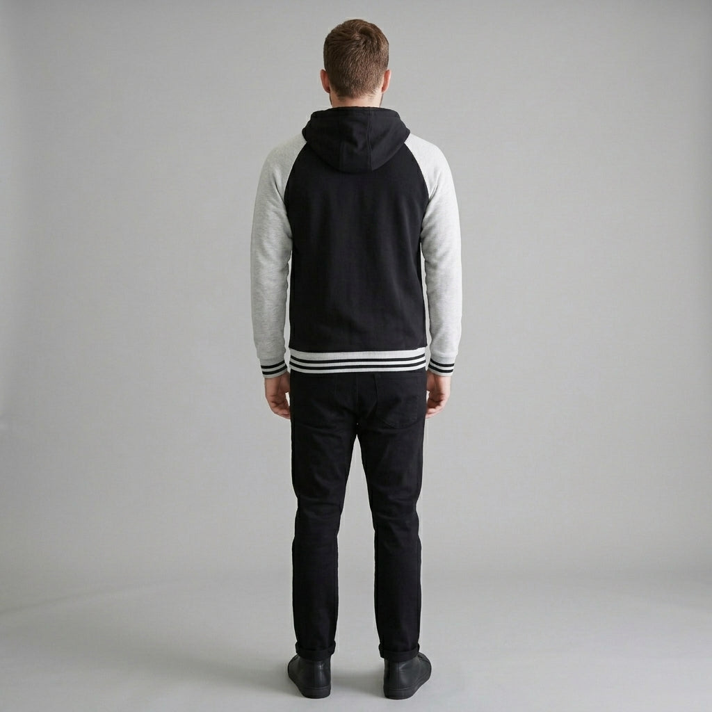 Men’s Black & Grey Hooded Varsity Jacket – Classic Letterman Bomber
