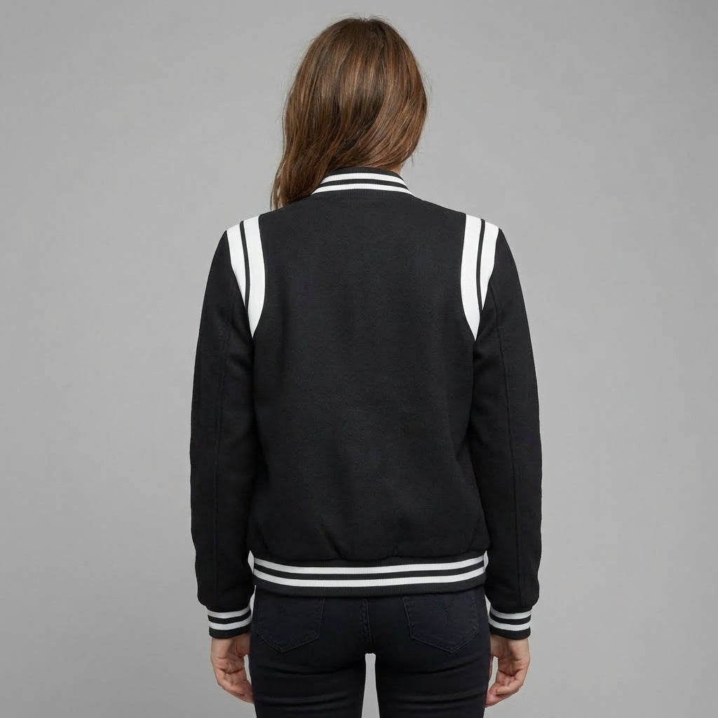 Midnight Black Varsity Jacket with White Lining – Women