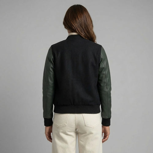 Black & Sea Green Women’s Leather Varsity Jacket