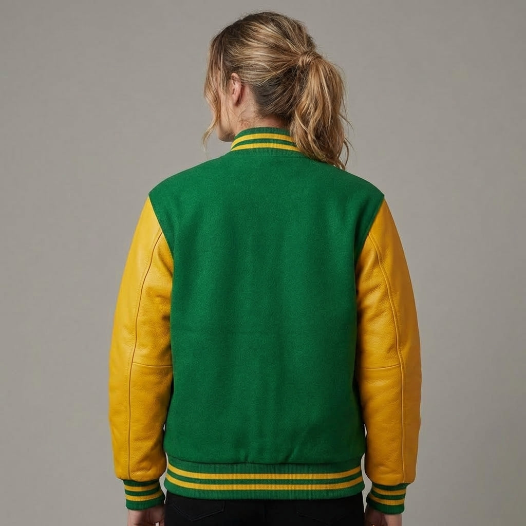 Green & Yellow Sleeves Women Varsity Jacket