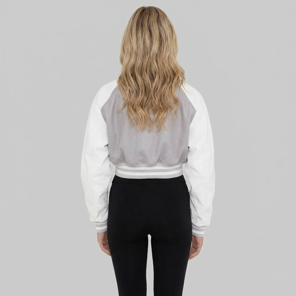 Grey & White Women’s Varsity Jacket – Chic Streetwear Edition