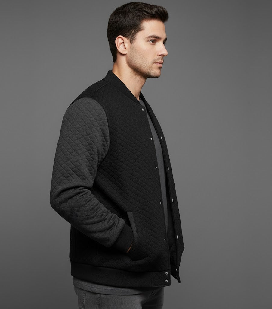 black body grey sleeves varsity jacket