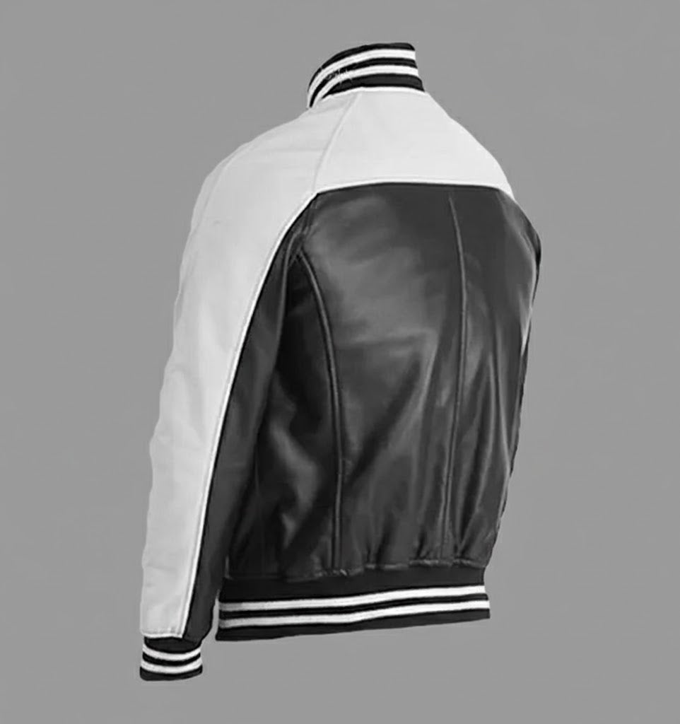 black and white leather varsity jacket