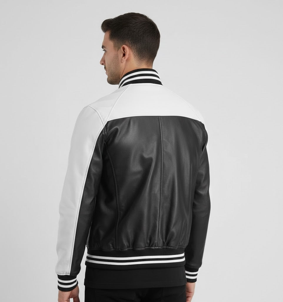 black and white leather varsity jacket