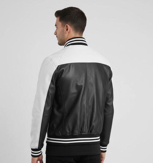 black and white leather varsity jacket