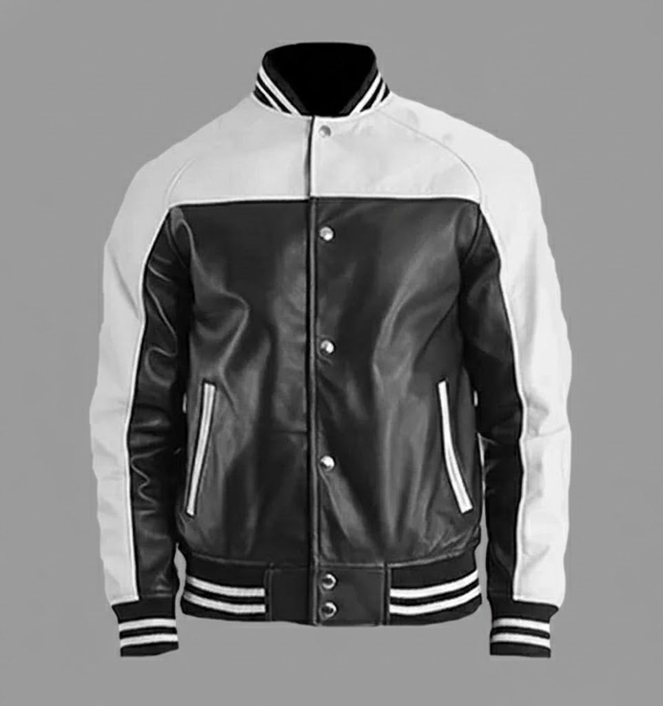 black and white leather varsity jacket