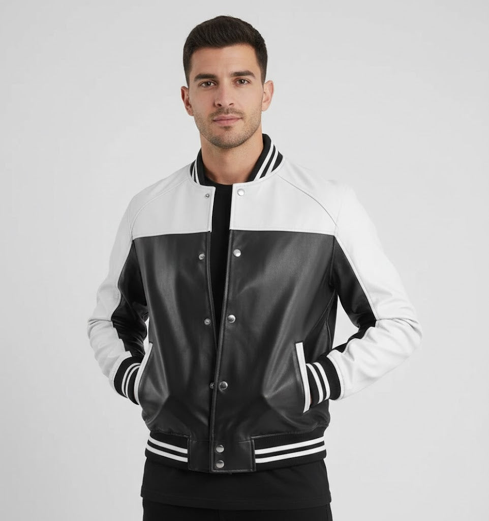 black and white leather varsity jacket