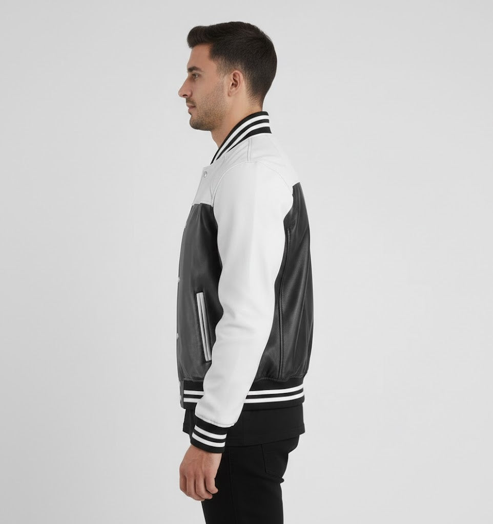 black and white leather varsity jacket