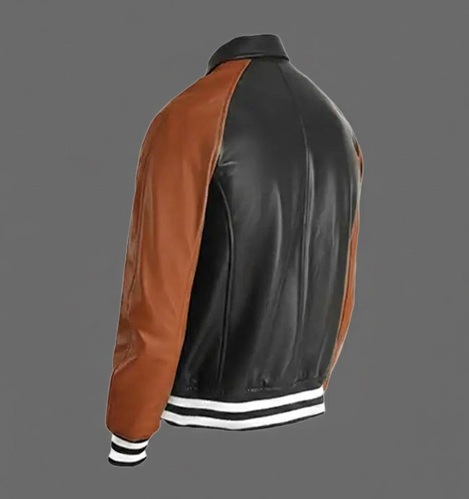 black body brown sleeves leather varsity jacket