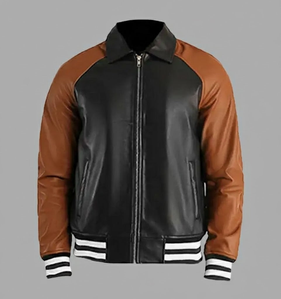 black body brown sleeves leather varsity jacket