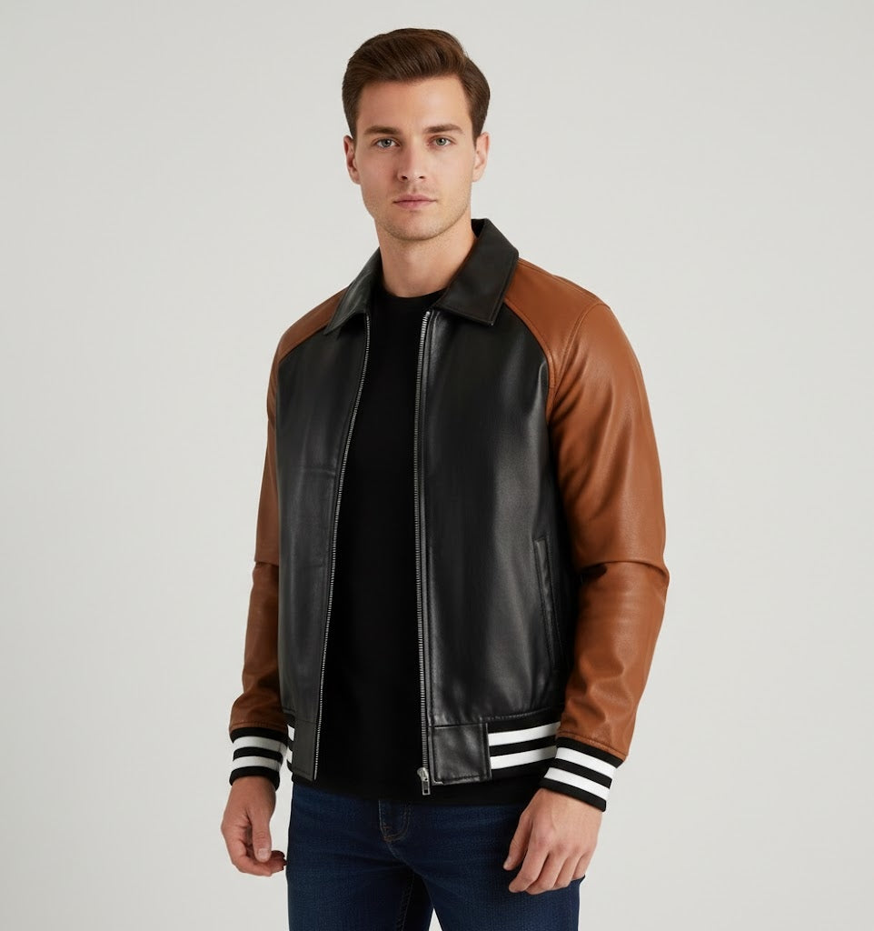 black body brown sleeves leather varsity jacket
