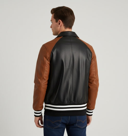 black body brown sleeves leather varsity jacket