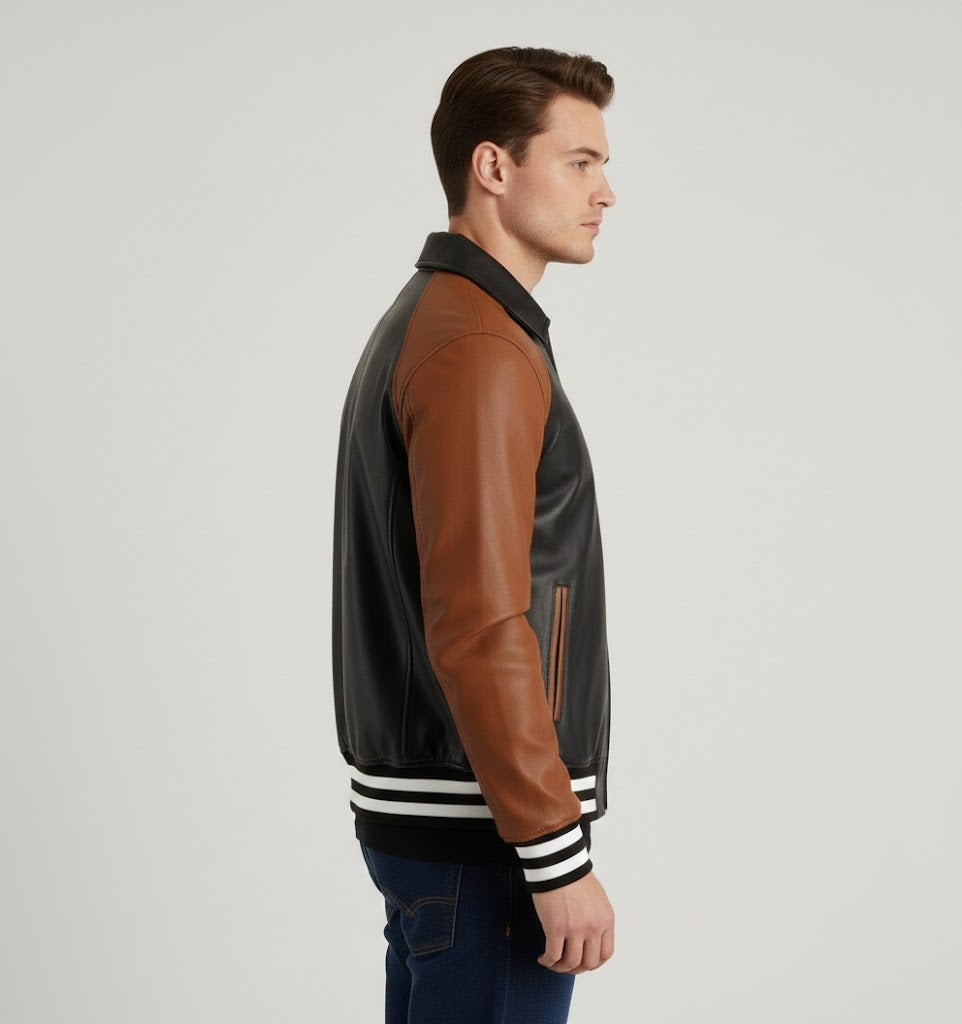 black body brown sleeves leather varsity jacket