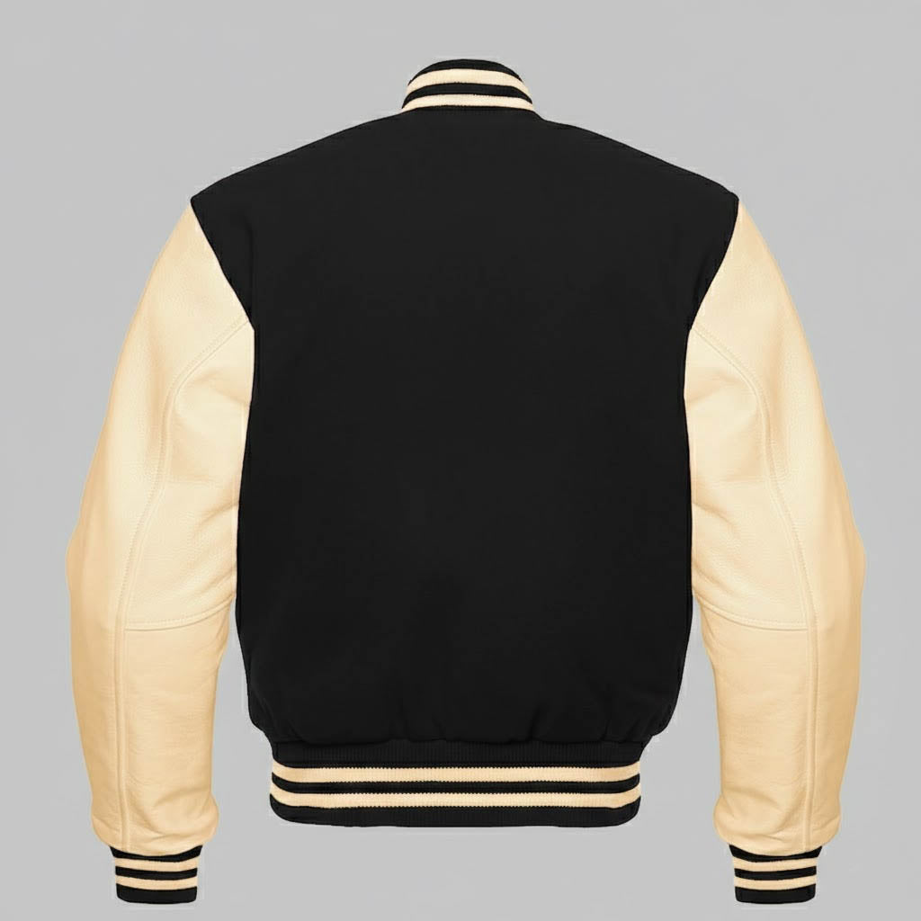 black body cream leather sleeves varsity jacket men