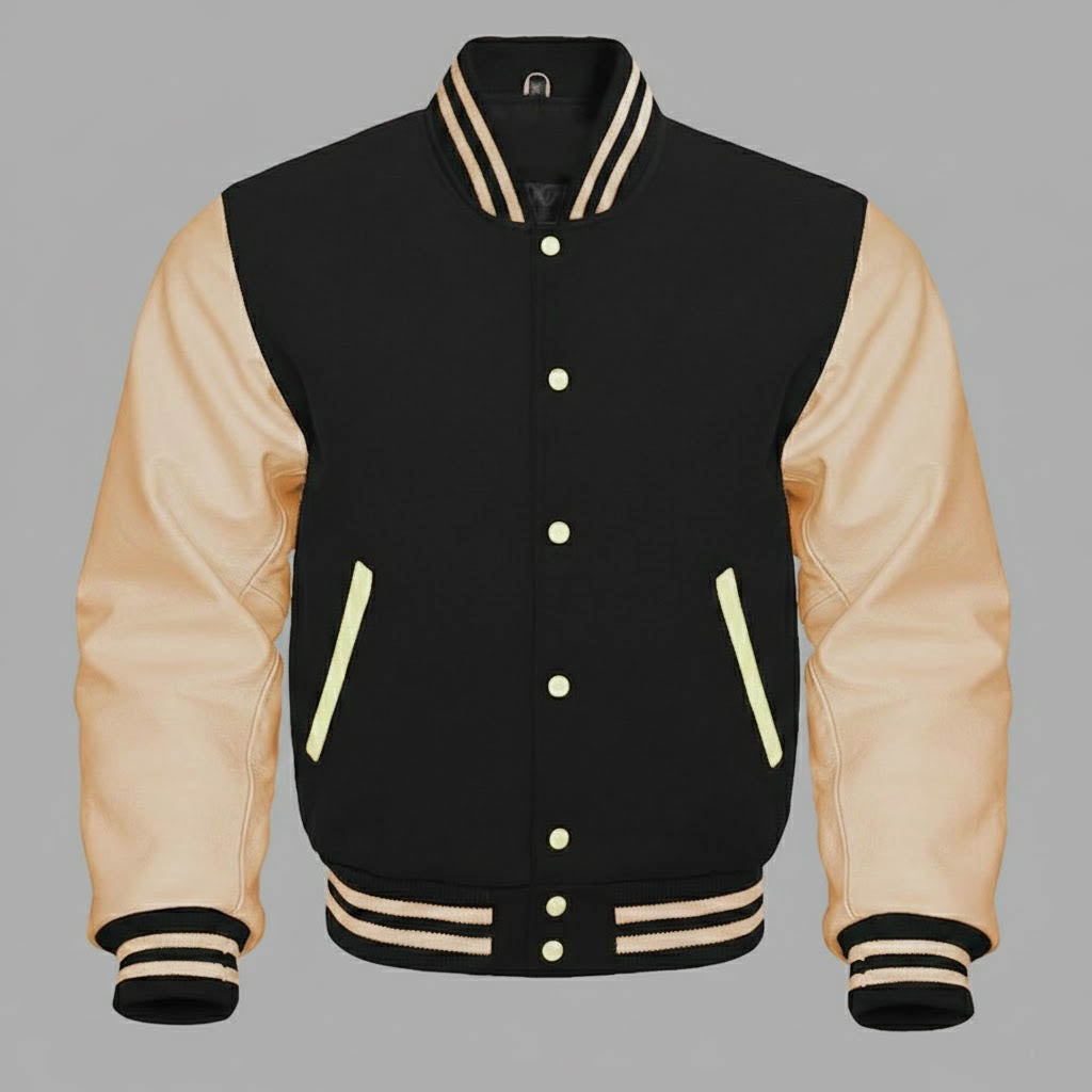 black body cream leather sleeves varsity jacket men