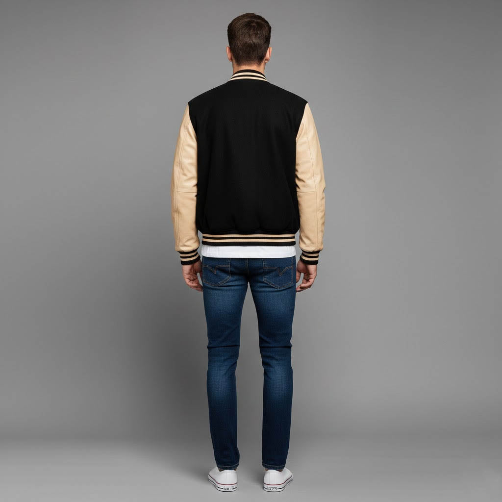 black body cream leather sleeves varsity jacket men