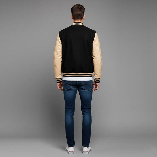 black body cream leather sleeves varsity jacket men