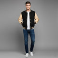 black body cream leather sleeves varsity jacket men
