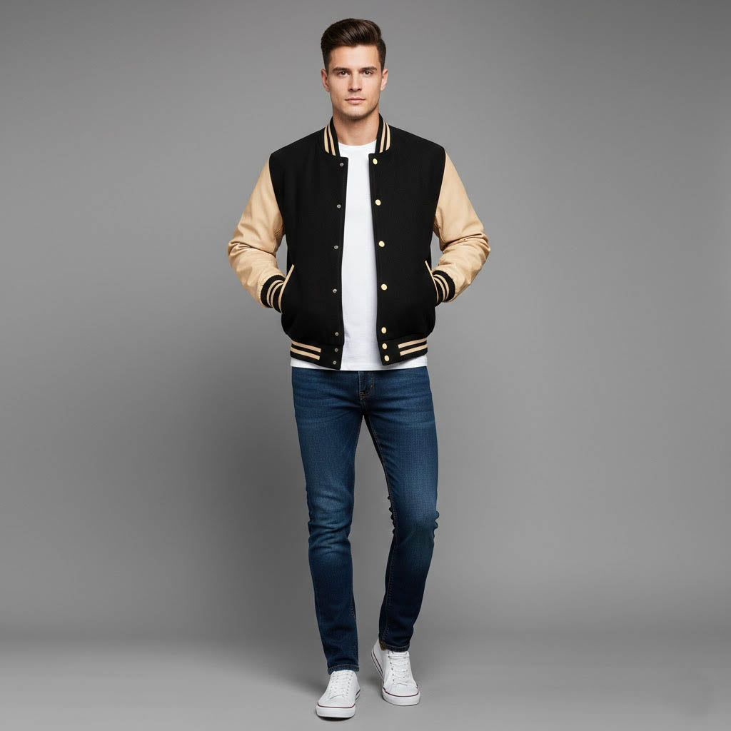 black body cream leather sleeves varsity jacket men
