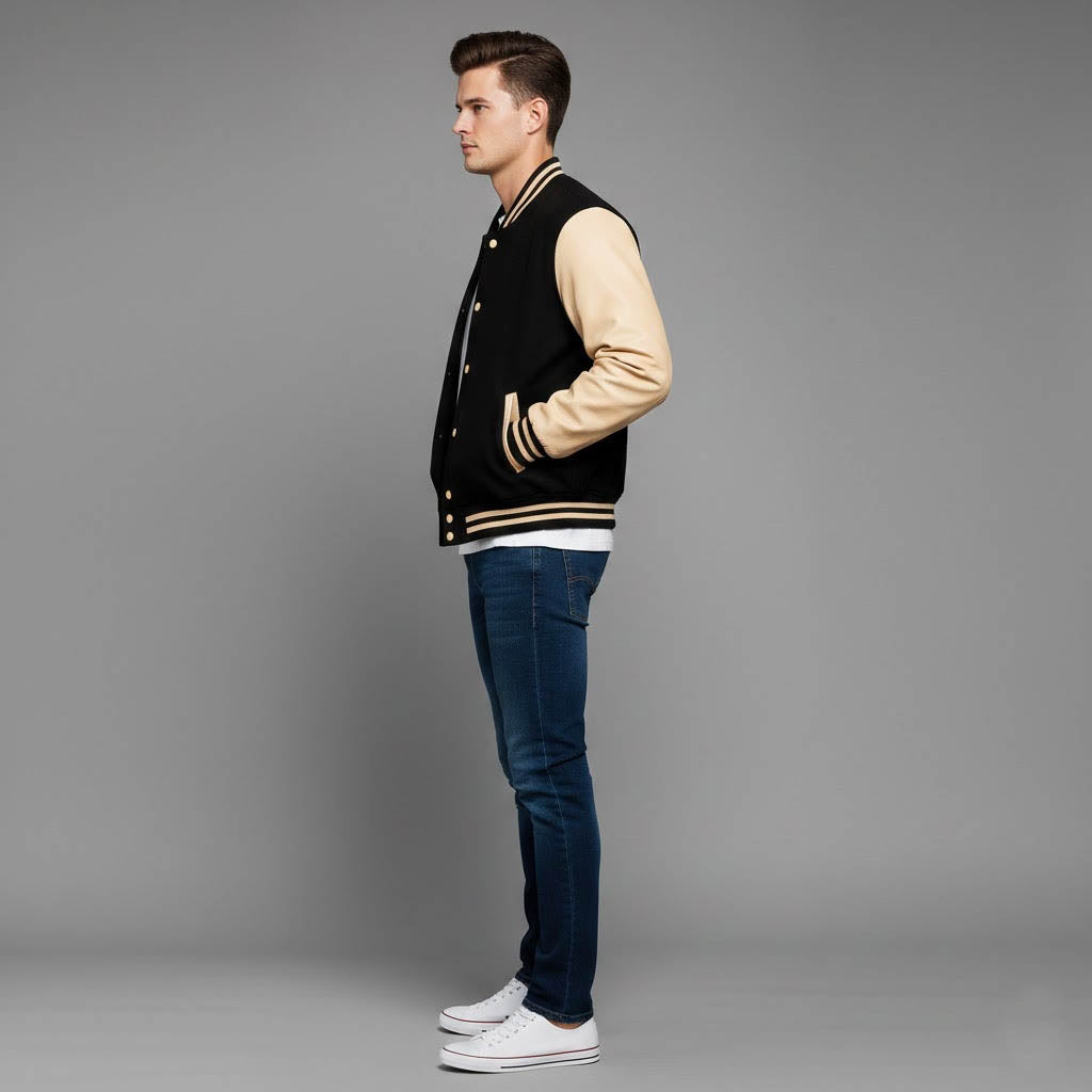 black body cream leather sleeves varsity jacket men